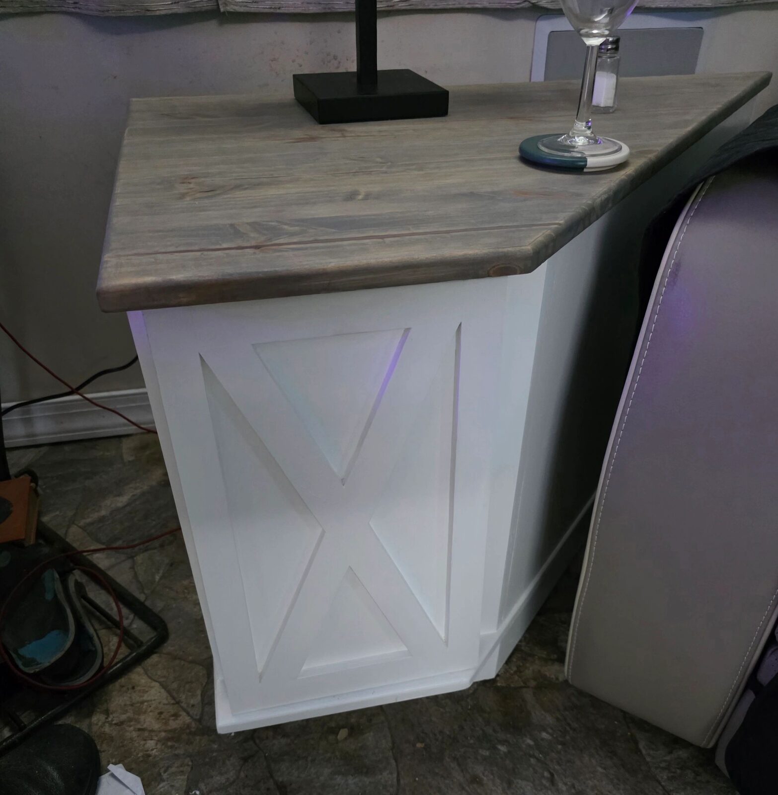 Narrow custom white end table with gray wood top