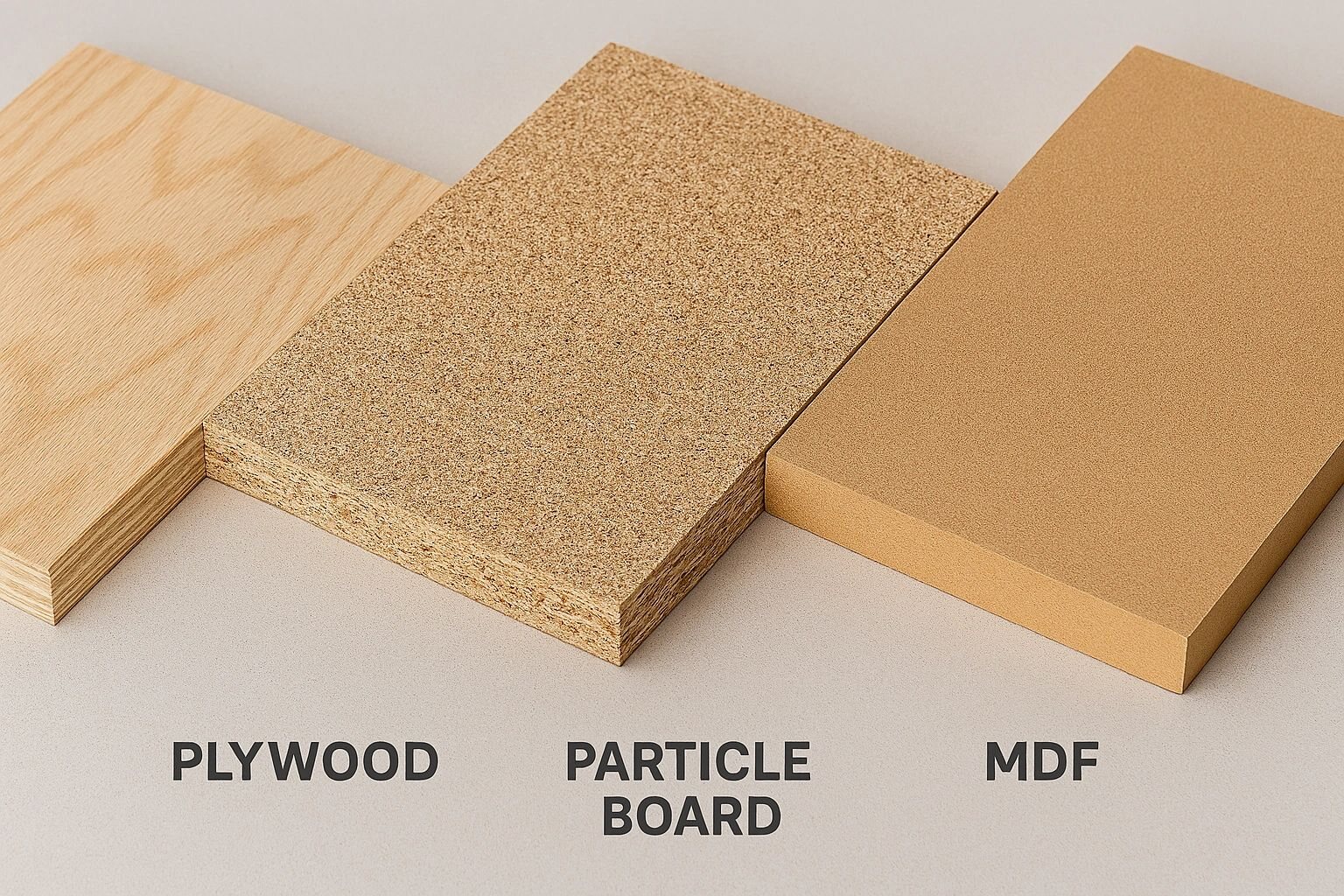Side-by-side comparison of plywood, particle board and MDF